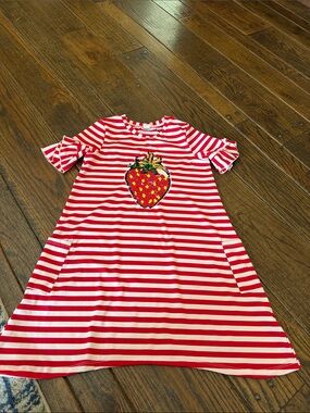 Girls Red & White Striped Strawberry Dress